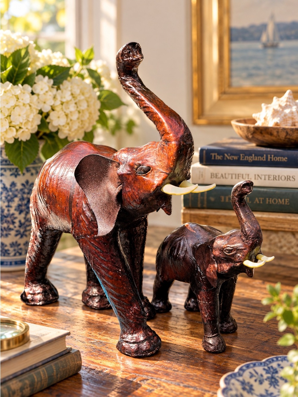 Vintage Leather Wrapped Elephant Pair, Mother Baby Elephants